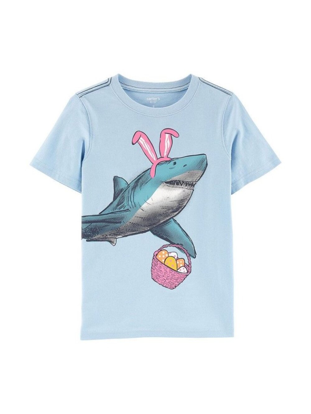 Shark Graphic Kids T-Shirt With Bunny Ears & Easter Basket Size 12 Light Blue Sh